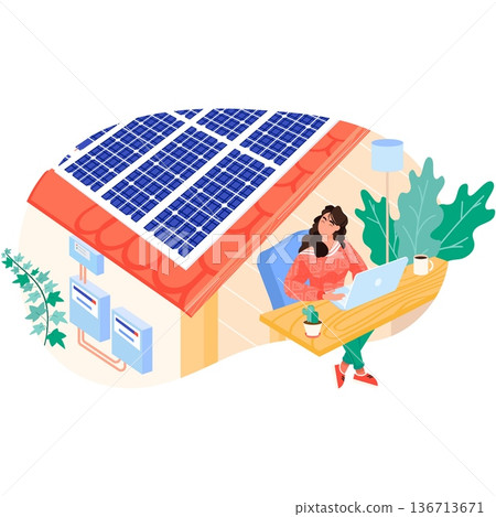 House with solar energy panel on roof vector 136713671
