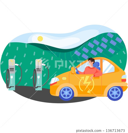 Electric car vehicle charger station vector scene Electric car vehicle charger station vector scene 136713673