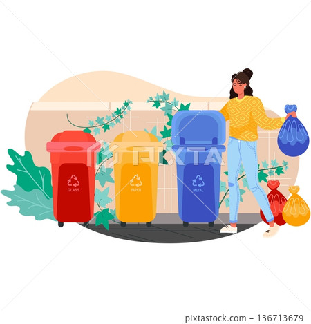 Woman sorting garbage into container vector icon Woman sorting garbage into container vector icon 136713679