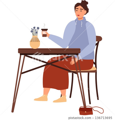 Woman drink coffee in cafe sit at table vector Woman drink coffee in cafe sit at table vector 136713695