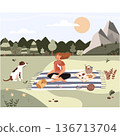 Woman with dog on picnic in mountain forest vector 136713704