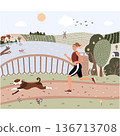 Vector woman running over rural scene illustration 136713708