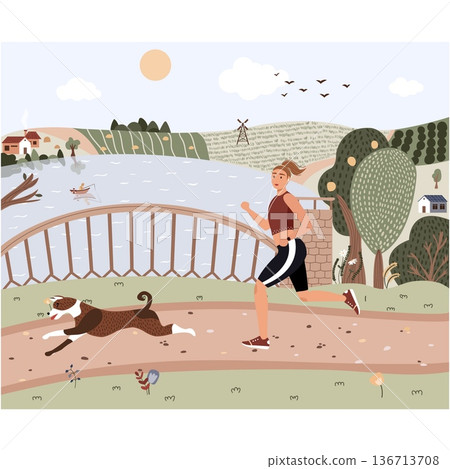 Vector woman running over rural scene illustration Vector woman running over rural scene illustration 136713708