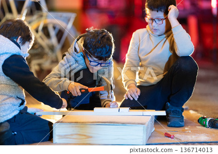 Boys learning carpentry skills creating wooden crafts 136714013