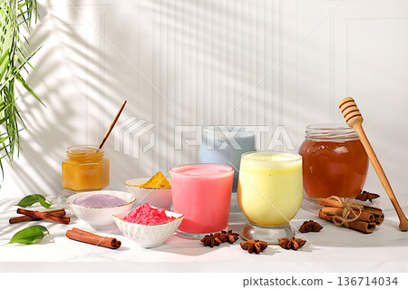 Selection of colorful varieties of matcha latte, Japanese tea, golden turmeric, lavender blue, pink moon milk. This trendy, healthy drink promotes weight loss,has anti inflammatory properties 136714034