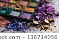 Shattered Glitter Eyeshadow Palette With Vibrant Purple and Metallic Makeup Pigments Close-Up 136714056