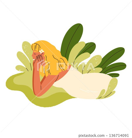 Woman lying on grass outdoors. Person relaxing or dreaming in nature. Harmony with nature vibe. Wellbeing mood concept. Cottagecore and whimsical countryside aesthetic. Isolated vector illustration 136714091