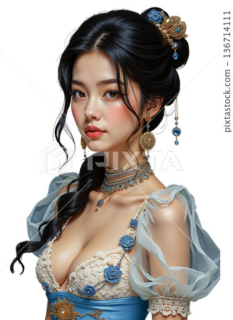 The girl is wearing a luxurious dress with puffy sleeves made of transparent fabric and lace trim 136714111