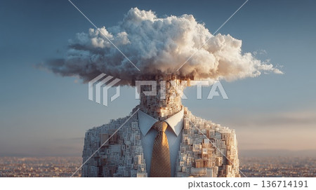 Businessman With Cloud Head Made Of City Buildings Representing Stress, Creativity And Cloud Computing Businessman With Cloud Head Made Of City Buildings Representing Stress, Creativity And Cloud Computing 136714191