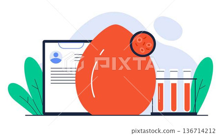 Medical blood testing. Blood samples in test tubes, drop of blood, exam checklist. Clinical laboratory analysis concept. Isolated vector illustration in cartoon style 136714212