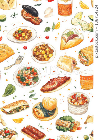 Assorted Mexican food items including tacos, burritos, and salsa with vegetables 136714224