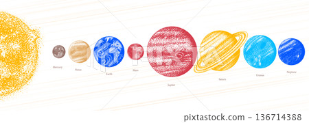 Planets of the Solar system in hand drawn stippling dot work style for science and astronomical 136714388