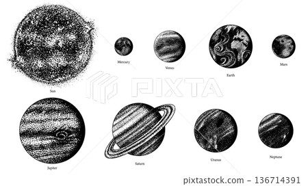 Planets of the Solar system in hand drawn stippling dot work style for science and astronomical Planets of the Solar system in hand drawn stippling dot work style for science and astronomical 136714391