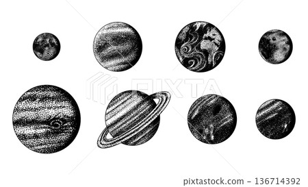 Planets of the Solar system in hand drawn stippling dot work style for science and astronomical Planets of the Solar system in hand drawn stippling dot work style for science and astronomical 136714392
