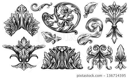 Vintage Baroque or renaissance hand drawn Victorian set of ornament floral elements engraved retro Vintage Baroque or renaissance hand drawn Victorian set of ornament floral elements engraved retro 136714395