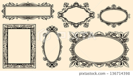 Decorative hand drawn frame in classical Barocco or renaissance style with swirls and leaves Decorative hand drawn frame in classical Barocco or renaissance style with swirls and leaves 136714398