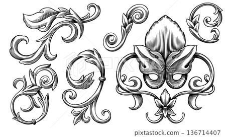 Vintage Baroque or renaissance hand drawn Victorian set of ornament floral elements engraved retro 136714407