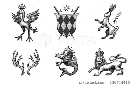 Heraldic bird, rabbit or hare and lion with horns for coat of arms design and shield. Hand drawn 136714410