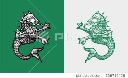 Heraldic sea dragon or monster for coat of arms design and shield. Hand drawn engraving in old 136714426