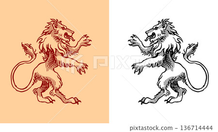 Heraldic royal lion for coat of arms design and shield. Hand drawn engraving in old traditional Heraldic royal lion for coat of arms design and shield. Hand drawn engraving in old traditional 136714444