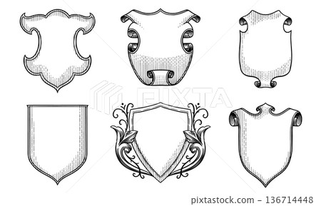 Heraldic shields for coat of arms design. Hand drawn engraving in old traditional medieval style Heraldic shields for coat of arms design. Hand drawn engraving in old traditional medieval style 136714448