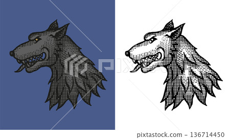 Heraldic grey wolf or greyhound for coat of arms design and shield. Hand drawn engraving in old Heraldic grey wolf or greyhound for coat of arms design and shield. Hand drawn engraving in old 136714450
