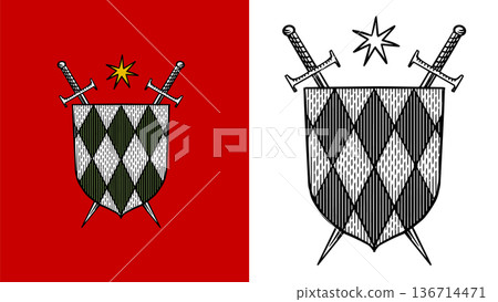 Heraldic shield and swords with a star for coat of arms design and shield. Hand drawn engraving in 136714471
