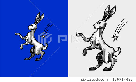 Heraldic hare standing with a falling star for coat of arms design and shield. Hand drawn engraving 136714483