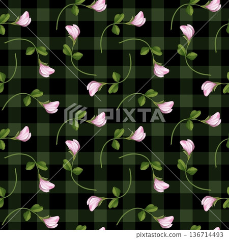Hand drawn illustration of seamless pattern with delicate pink flowers and green leaves on dark green gingham check background. Botanical texture featuring sweet pea blossoms for textile, wrapping Hand drawn illustration of seamless pattern with delicate pink flowers and green leaves on dark green gingham check background. Botanical texture featuring sweet pea blossoms for textile, wrapping 136714493