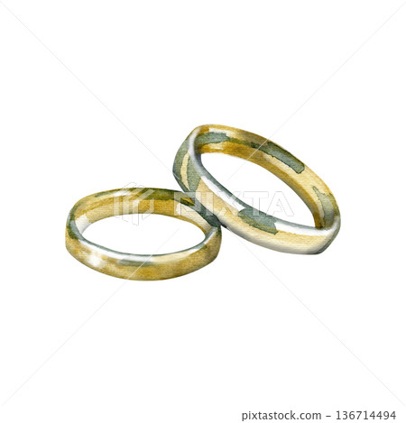 Graceful watercolor illustration of two interlocking golden wedding rings. Hand-painted jewelry featuring realistic metallic glints and soft shadows, symbolizing eternal love and union for bridal Graceful watercolor illustration of two interlocking golden wedding rings. Hand-painted jewelry featuring realistic metallic glints and soft shadows, symbolizing eternal love and union for bridal 136714494