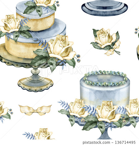 Elegant watercolor seamless pattern featuring gourmet tiered wedding cakes and floral desserts. Hand-painted festive compositions with ivory roses, teal stands, and delicate pearls for bridal Elegant watercolor seamless pattern featuring gourmet tiered wedding cakes and floral desserts. Hand-painted festive compositions with ivory roses, teal stands, and delicate pearls for bridal 136714495