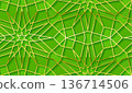 Green and gold islamic geometric star pattern background with 3d layered arabesque shapes 136714506