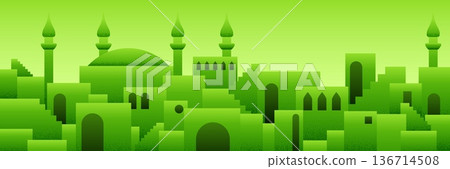 Arabic city panorama in pistachio green color with mosque silhouettes Arabic city panorama in pistachio green color with mosque silhouettes 136714508
