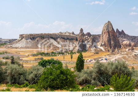 Volcanic rock formations landscape in Cappadocia, place of residence of ancient Christians 136714630