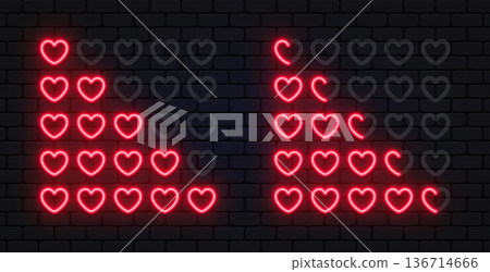 Neon heart rating scale with glowing red icons in various stages. Romantic shapes highlight user feedback and satisfaction. Perfect for dating apps, social media, or loyalty concepts. 136714666