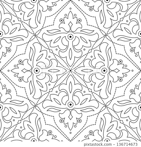 Antique floral seamless pattern. Floral monochrome ornament. Minimalist graphic background. Kaleidoscope plant coloring page Antique floral seamless pattern. Floral monochrome ornament. Minimalist graphic background. Kaleidoscope plant coloring page 136714673