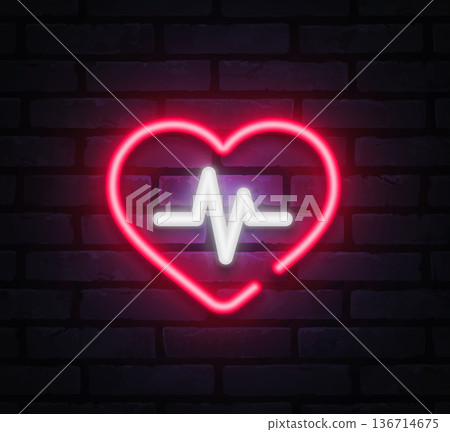 Neon vector heart icon with white heartbeat line on dark brick background. Ideal for medical themes, health apps, and modern interface elements. 136714675