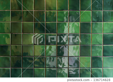 Green ceramic tile background. Old vintage ceramic tiles in green to decorate the kitchen or bathroom Green ceramic tile background. Old vintage ceramic tiles in green to decorate the kitchen or bathroom 136714828