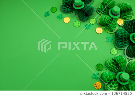St. Patrick's day celebration with shamrocks, hats, and gold coins 136714830