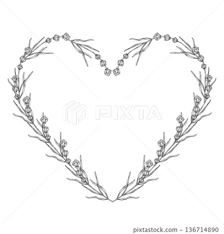 lavender branches vector illustration, forming a heart shape. Hand drawn linear botanical design in vintage style. Perfect for wedding invitations, logos, cards, romantic and decorative projects lavender branches vector illustration, forming a heart shape. Hand drawn linear botanical design in vintage style. Perfect for wedding invitations, logos, cards, romantic and decorative projects 136714890