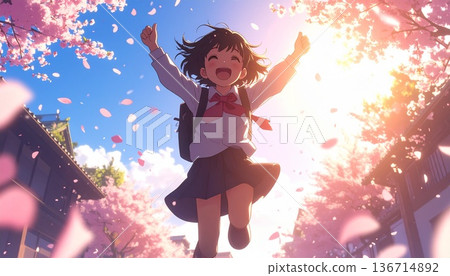 Illustration of cherry blossoms in full bloom and new students Illustration of cherry blossoms in full bloom and new students 136714892