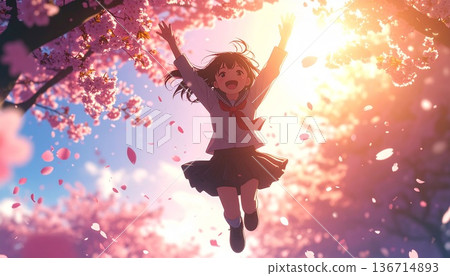 Illustration of cherry blossoms in full bloom and new students Illustration of cherry blossoms in full bloom and new students 136714893