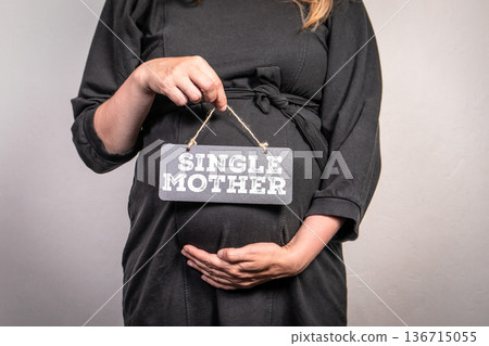 Pregnant Single Mother Holding Sign with Text Single Mother on Gray Background 136715055