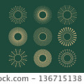 Golden minimalist luxury boho sun, sunrise, sunset symbols set. Bohemian rays, ornamental vector frames, designs for logo, card, banner, background. 136715138