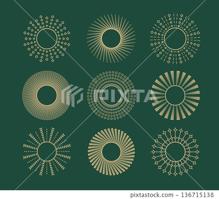 Golden minimalist luxury boho sun, sunrise, sunset symbols set. Bohemian rays, ornamental vector frames, designs for logo, card, banner, background. Golden minimalist luxury boho sun, sunrise, sunset symbols set. Bohemian rays, ornamental vector frames, designs for logo, card, banner, background. 136715138