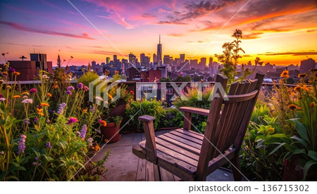 日落時分，從一棟老建築屋頂花園裡一張破舊的木椅上拍攝的第一視角鏡頭。 136715302