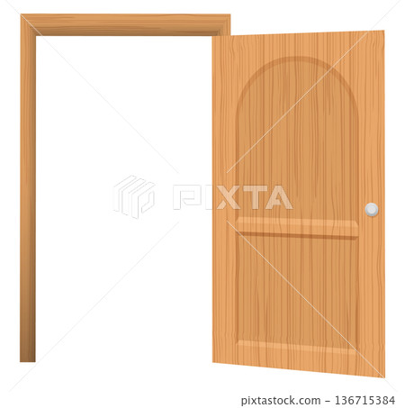 Open wooden door with frame on white background 136715384