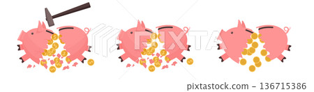 Piggy bank breaking open with falling coins Piggy bank breaking open with falling coins 136715386