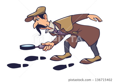 Cartoon detective following footprints with magnifying glass Cartoon detective following footprints with magnifying glass 136715402