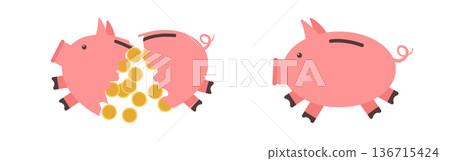 Piggy bank splitting open with falling coins 136715424